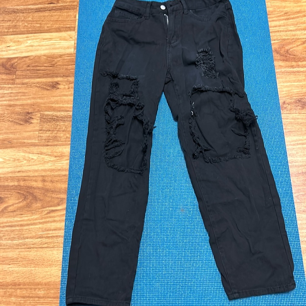 Medium black denim straight leg distressed jeans